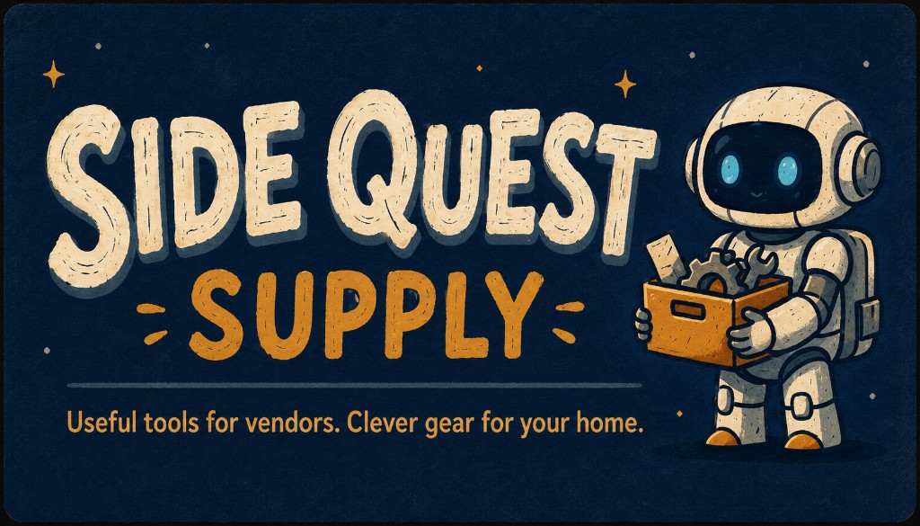 Side Quest Supply robot mascot carrying a toolbox of useful gear